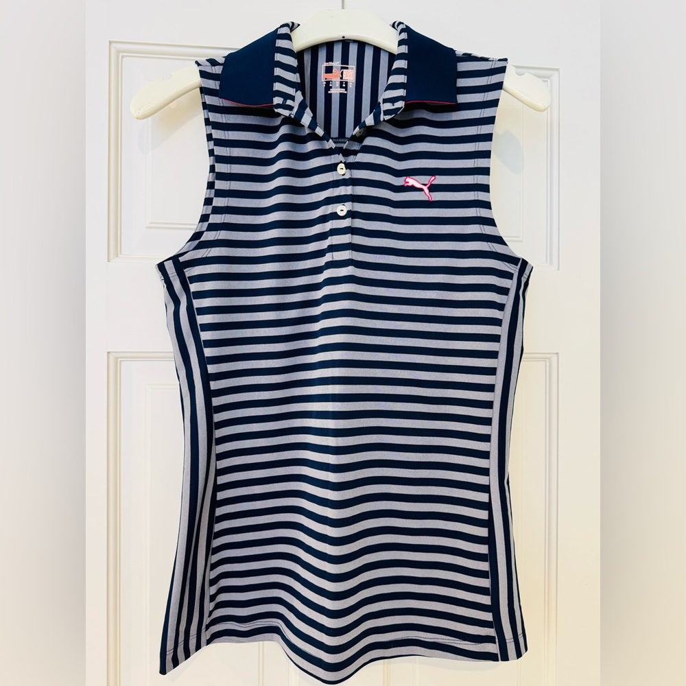 Puma Blue and White Striped women’s  Polo golf shirt.